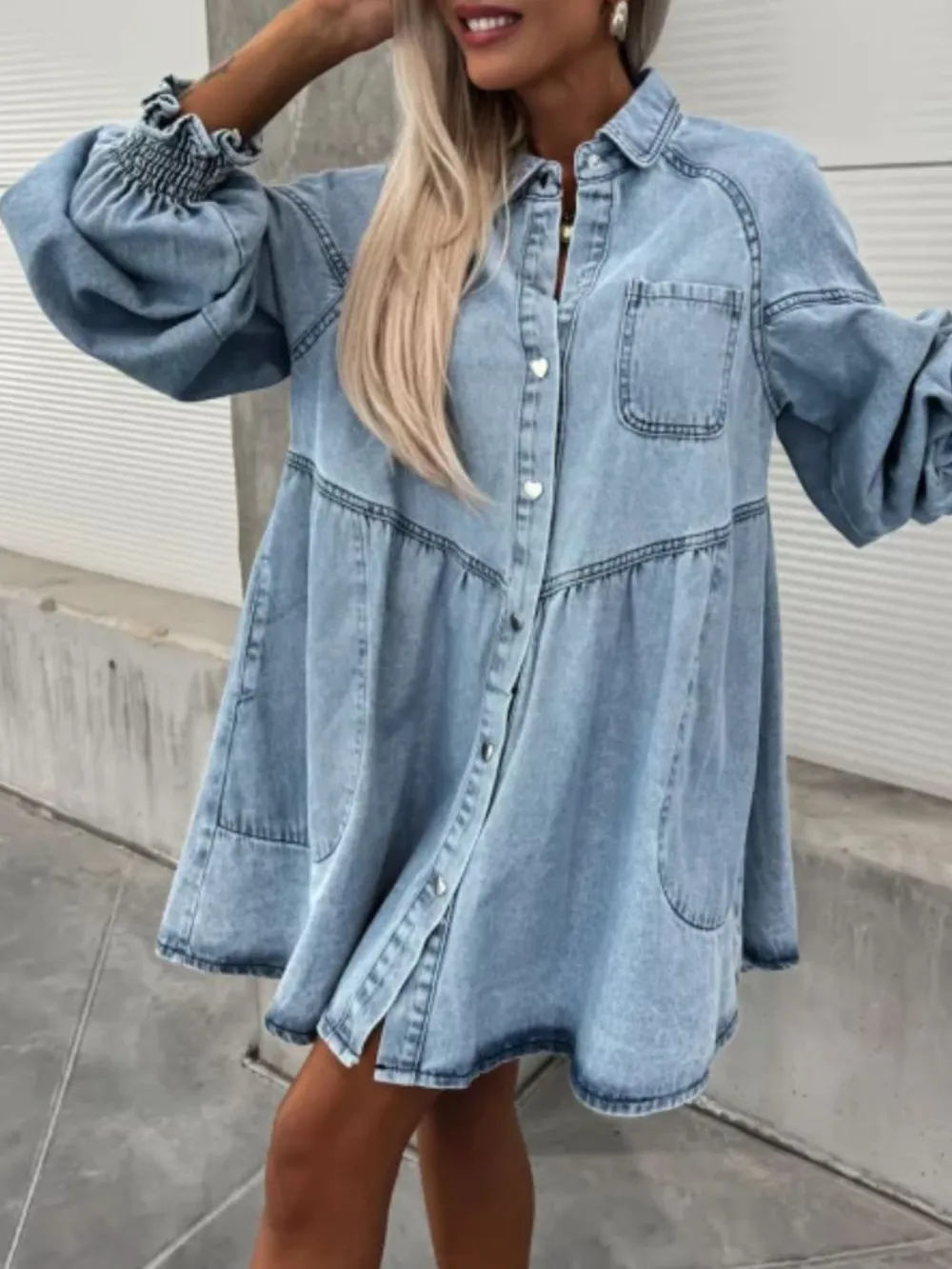 Oversized Long Sleeve Button-Up Denim Dress, image 2