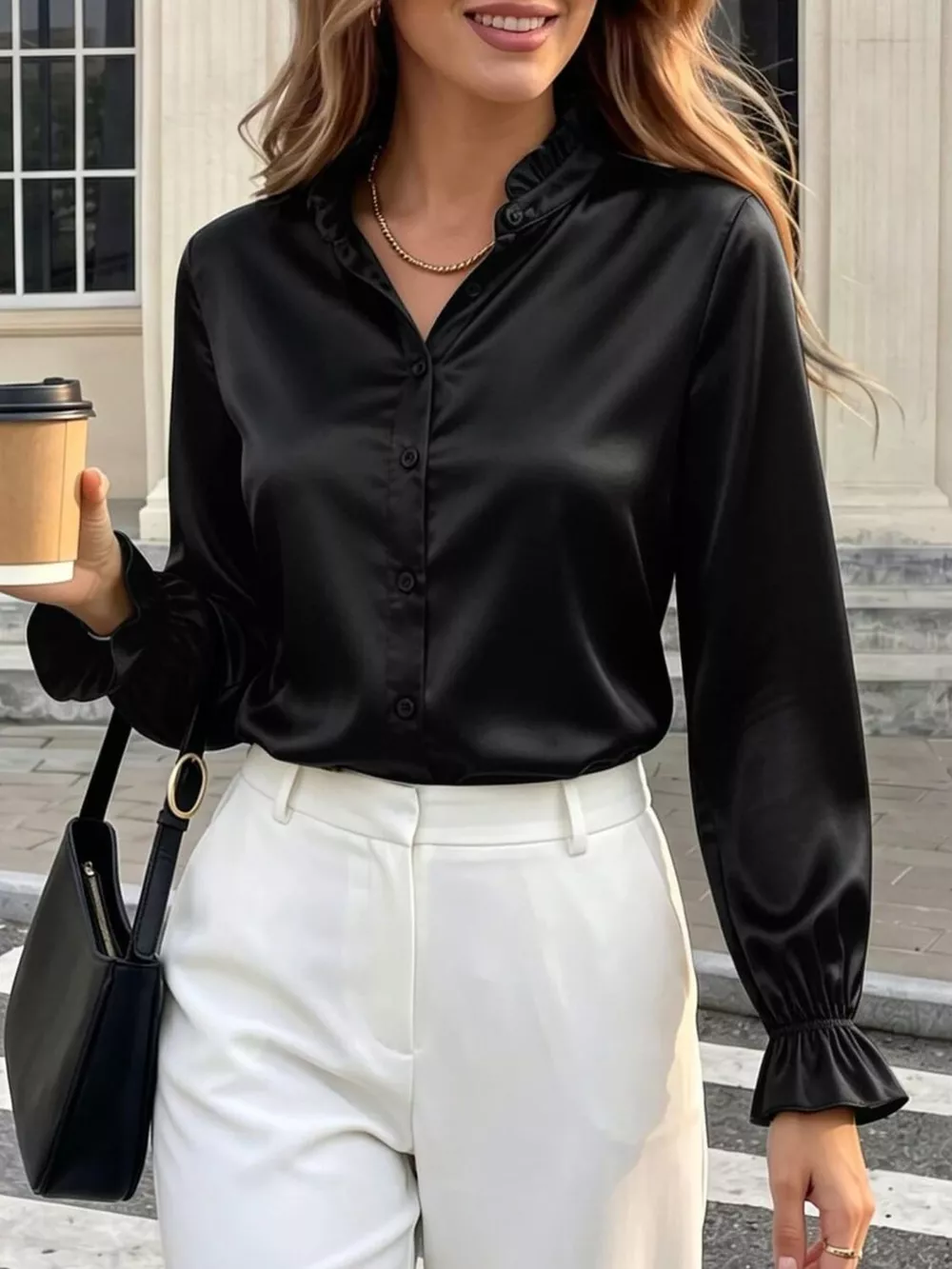 Elegant Button Down Ruffle Trim Satin Shirt, image 15
