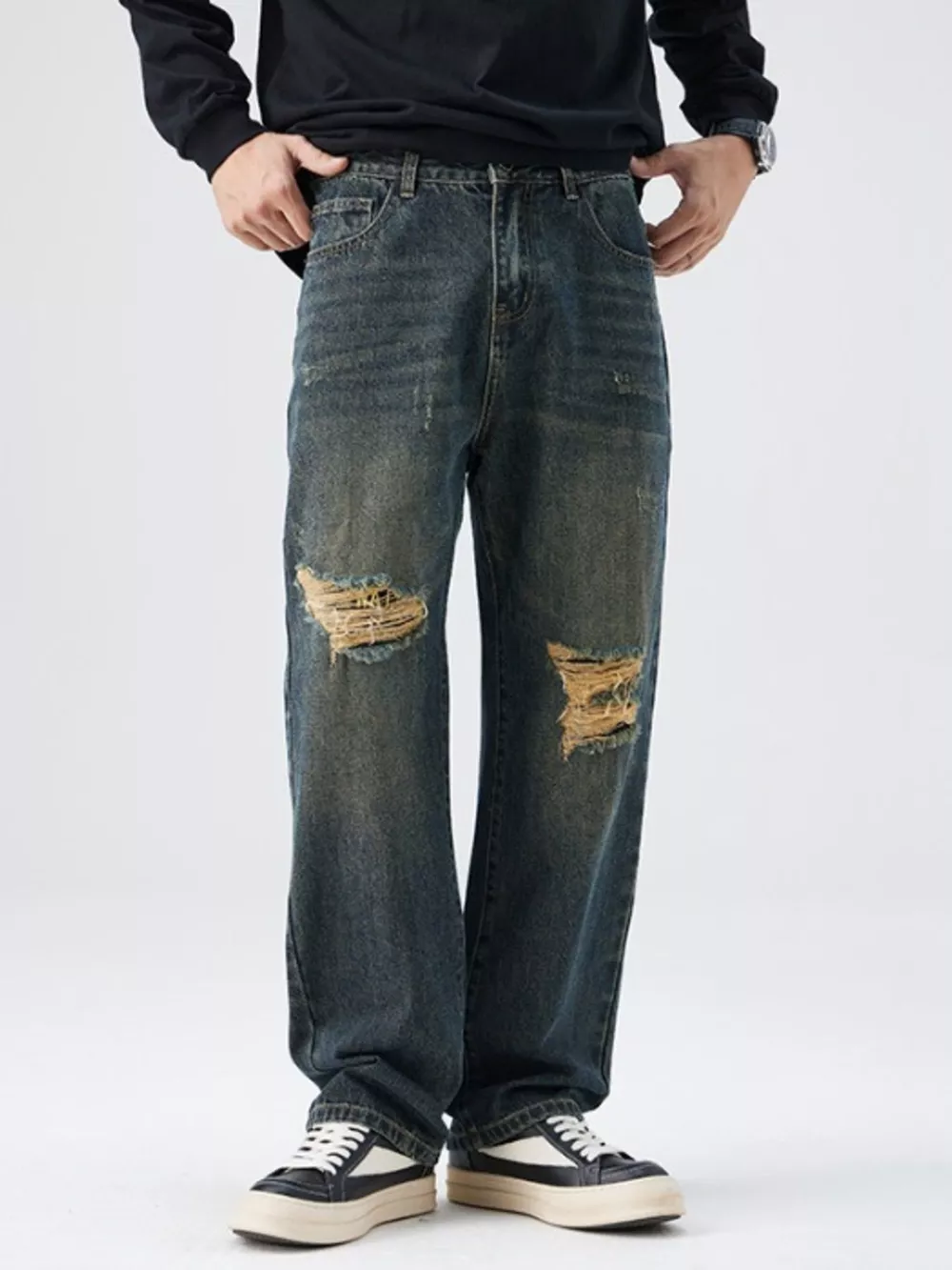Men's Distressed Wide Leg Jeans