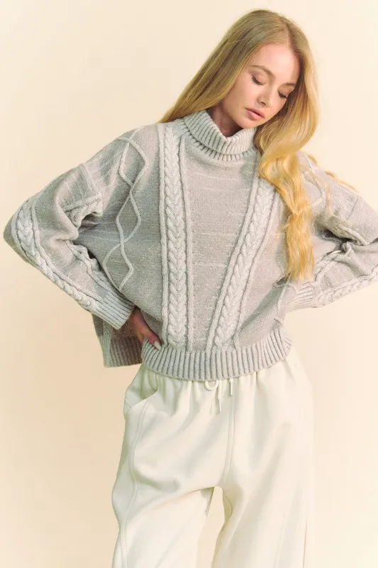 Cable-Knit Turtleneck Dropped Shoulder Sweater, image 4