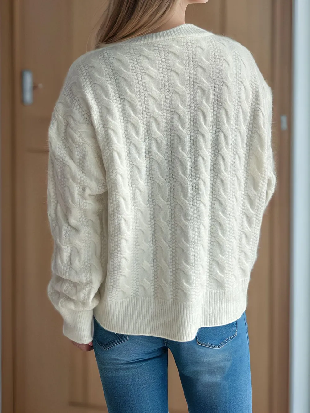 Cable-Knit Round Neck Long Sleeve Cardigan, image 3