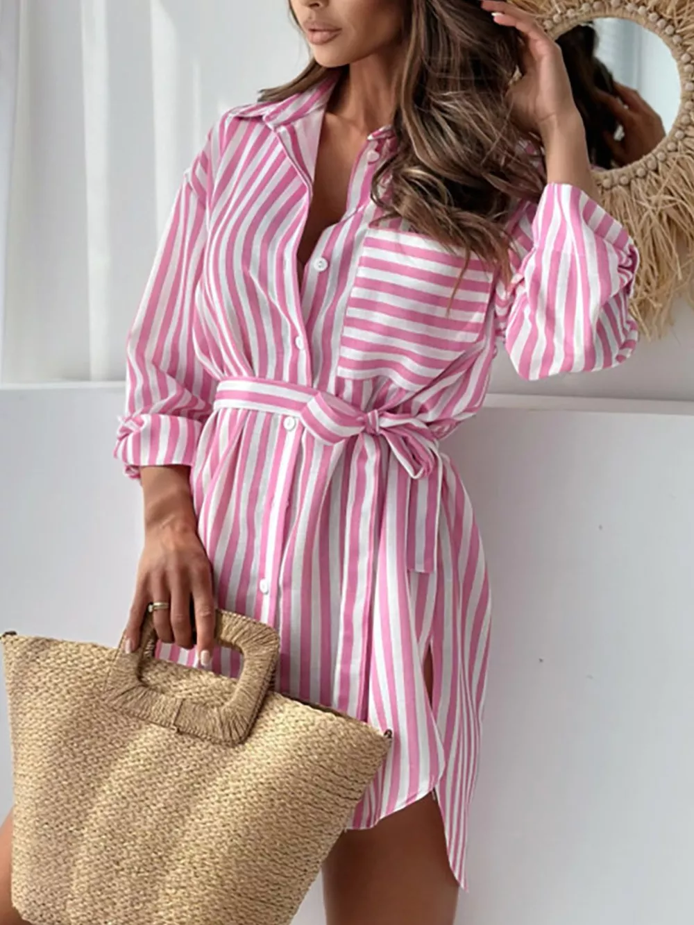 Printed Long Sleeve Tie Waist Oversized Shirt, image 11