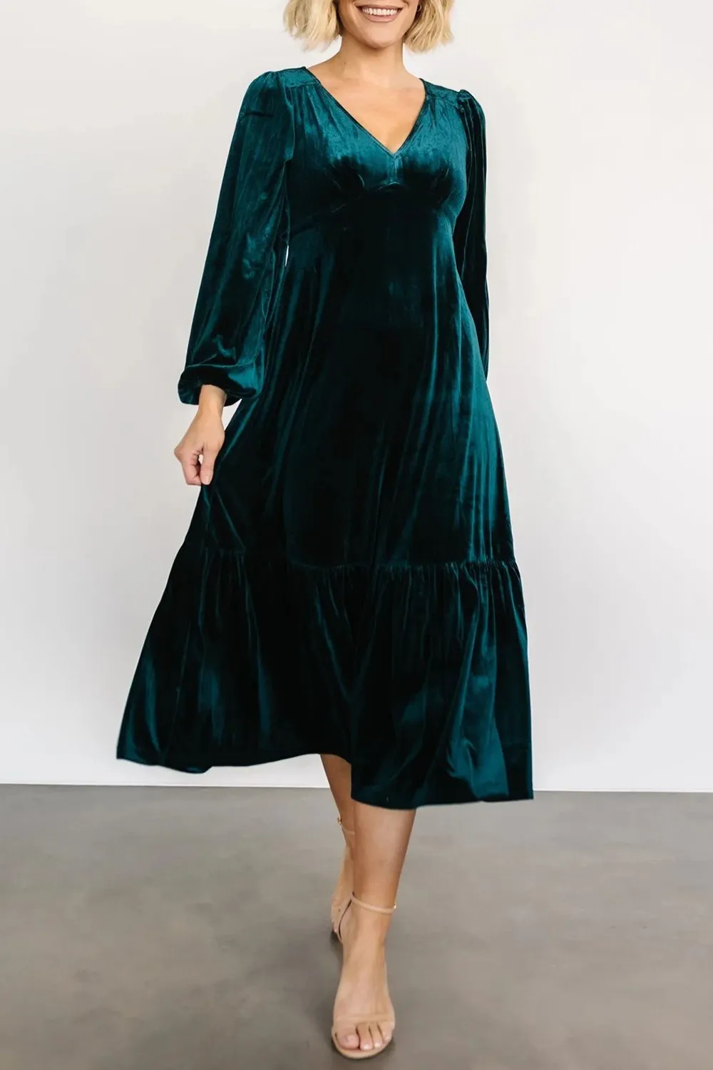 V-Neck Long Sleeve Midi Velvet Dress, image 14