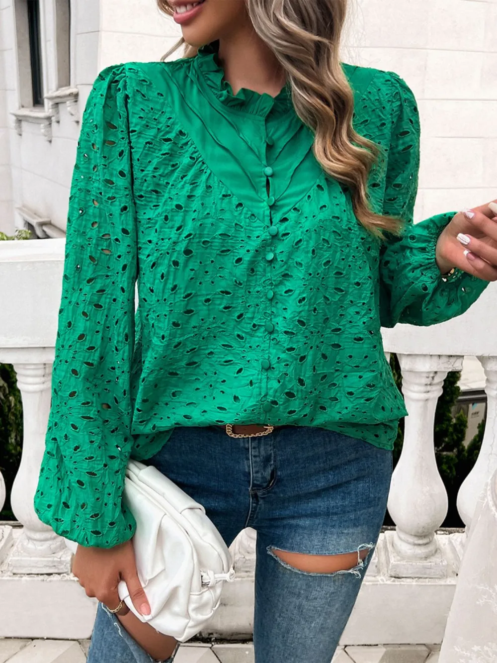 Frill Round Neck Long Sleeve Shirt, image 22
