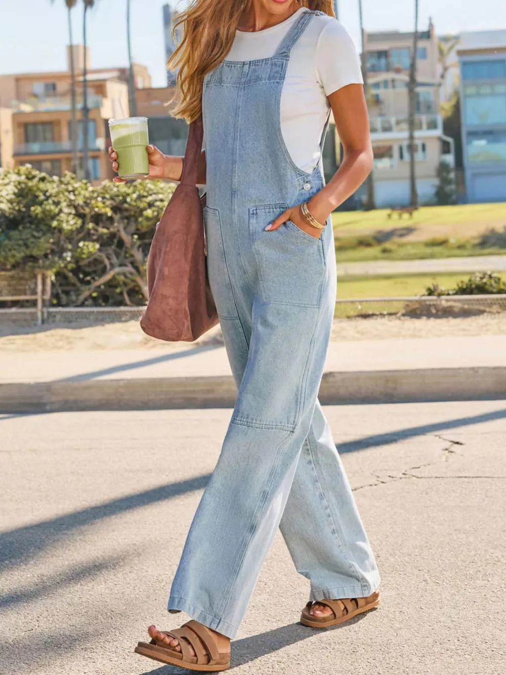 Wash Wide-Leg Denim Overalls, image 4