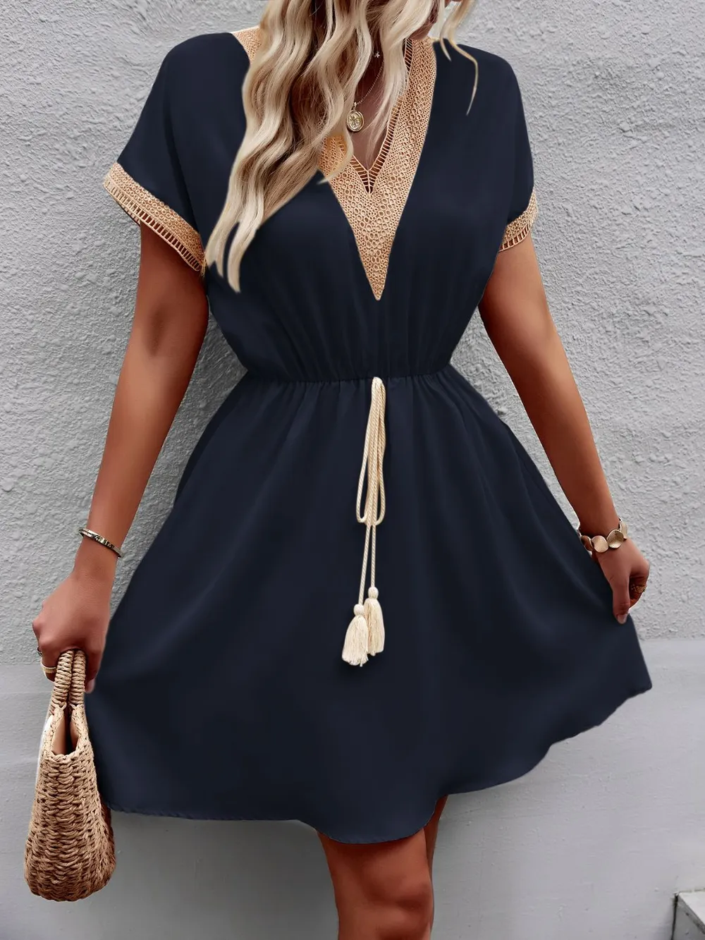 Contrast Trim V-Neck Short Sleeve Mini Dress, image 24