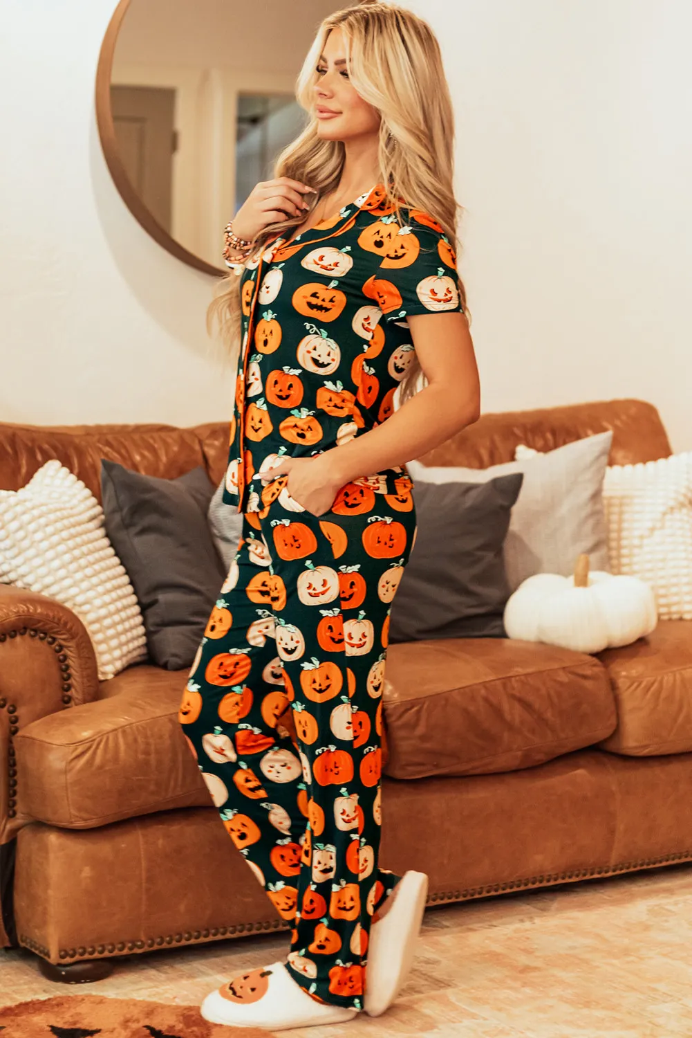 Pumpkin Printed Short Sleeve Top and Pants Lounge Set, image 8