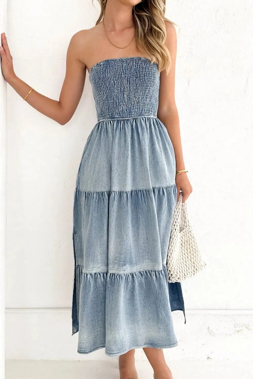 Smocked Tube Slit Tiered Denim Dress, image 6