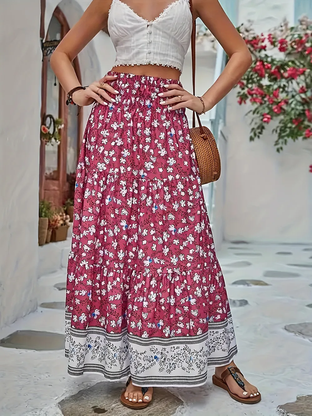 Full Size Tiered Printed Elastic Waist Skirt, image 11