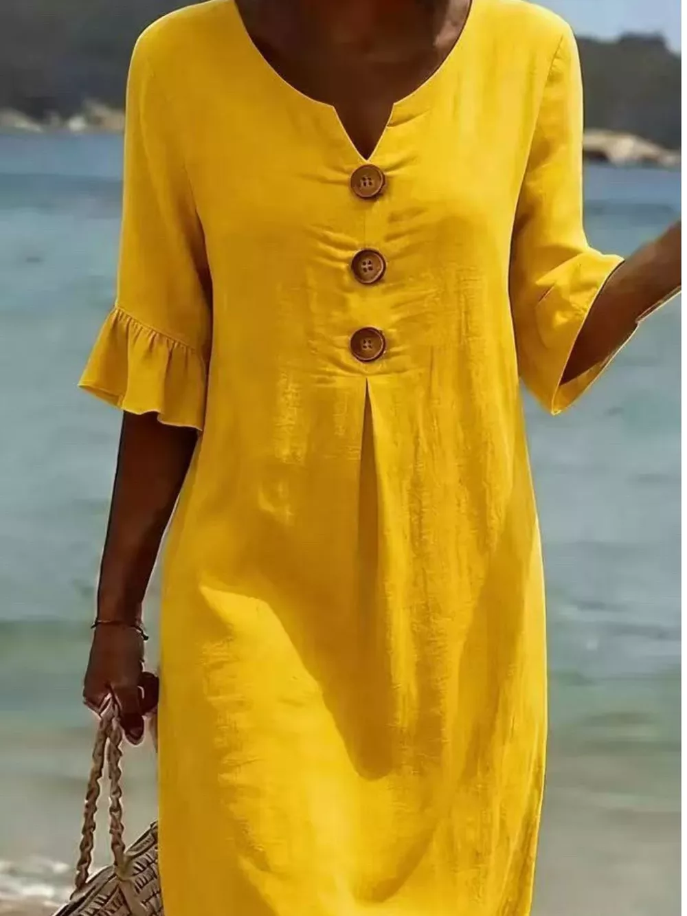 Full Size Decorative Button Ruffle Half Sleeve Dress Plus Size, image 16