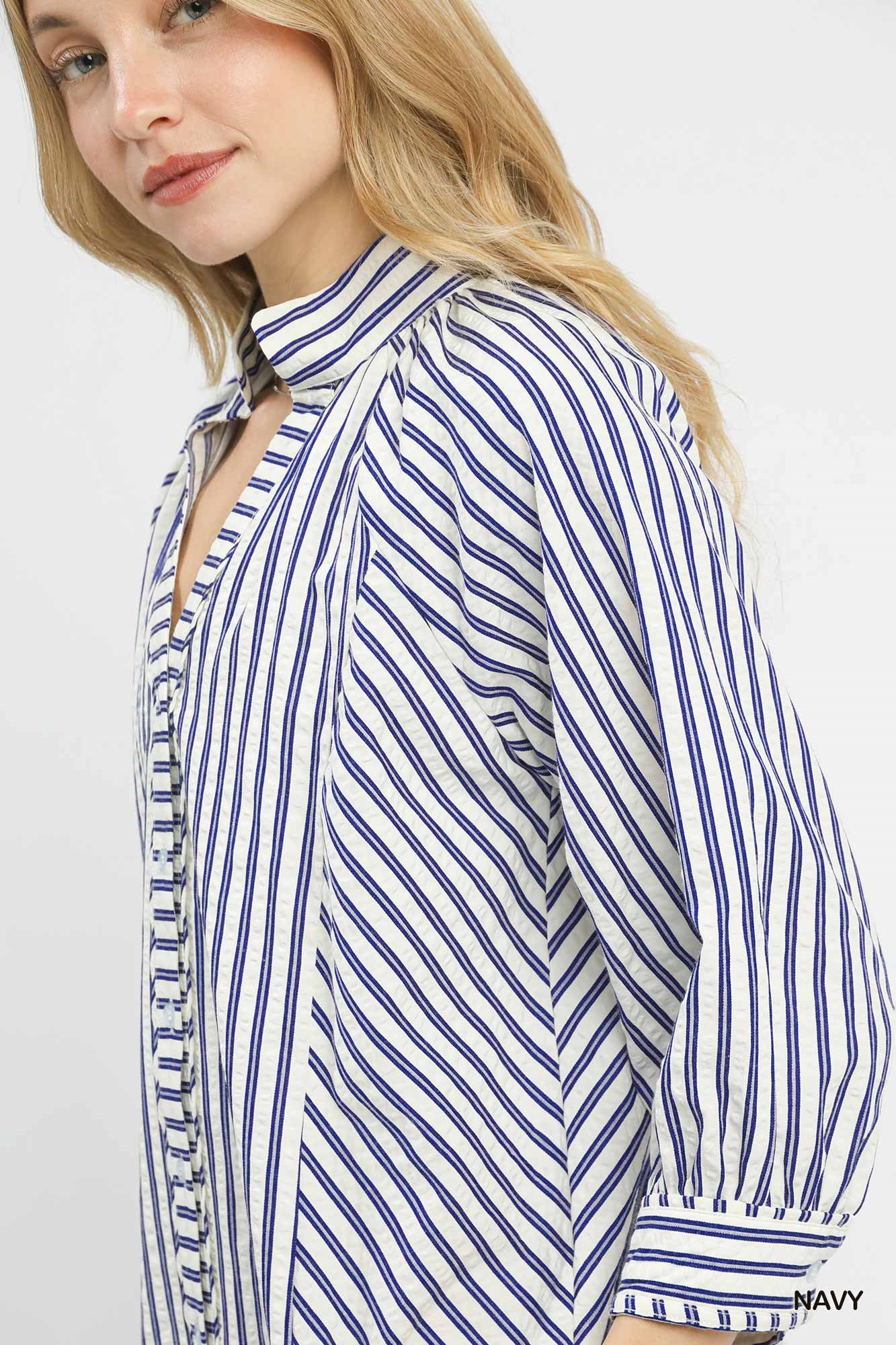 Striped V-Neck Button Down Top, image 3