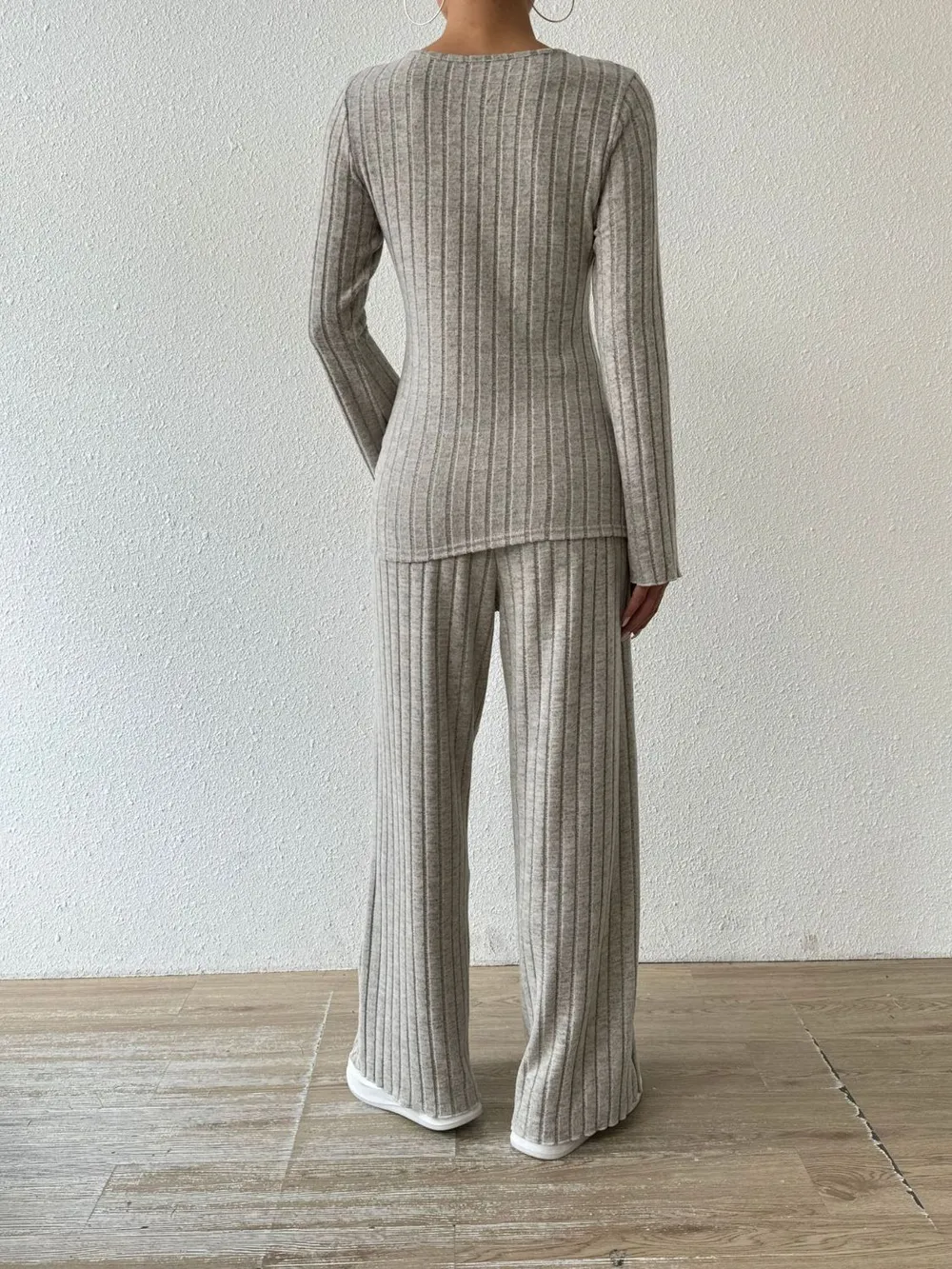 Ribbed V-Neck Long Sleeve Top and Pocketed Pants Set, image 3