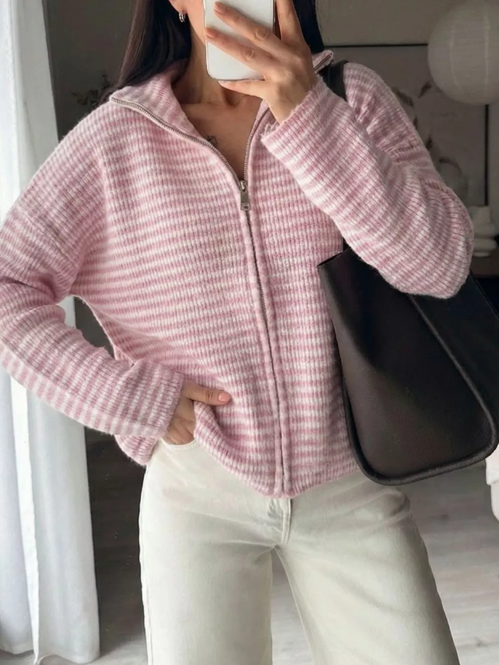 Striped Zip-Up Knit Cardigan, image 14