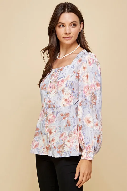 Floral Sweetheart Neckline Button Down Blouse, image 3