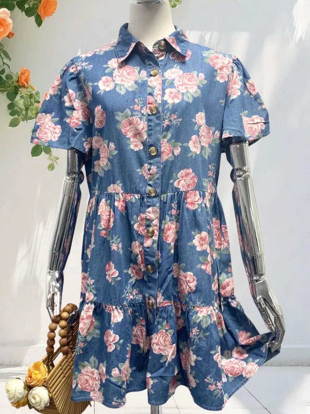 Floral Print Denim Button-Down Tiered Mini Dress, image 7