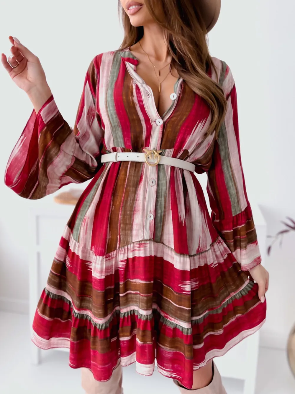 Buttoned Striped Long Sleeve Mini Dress, image 7