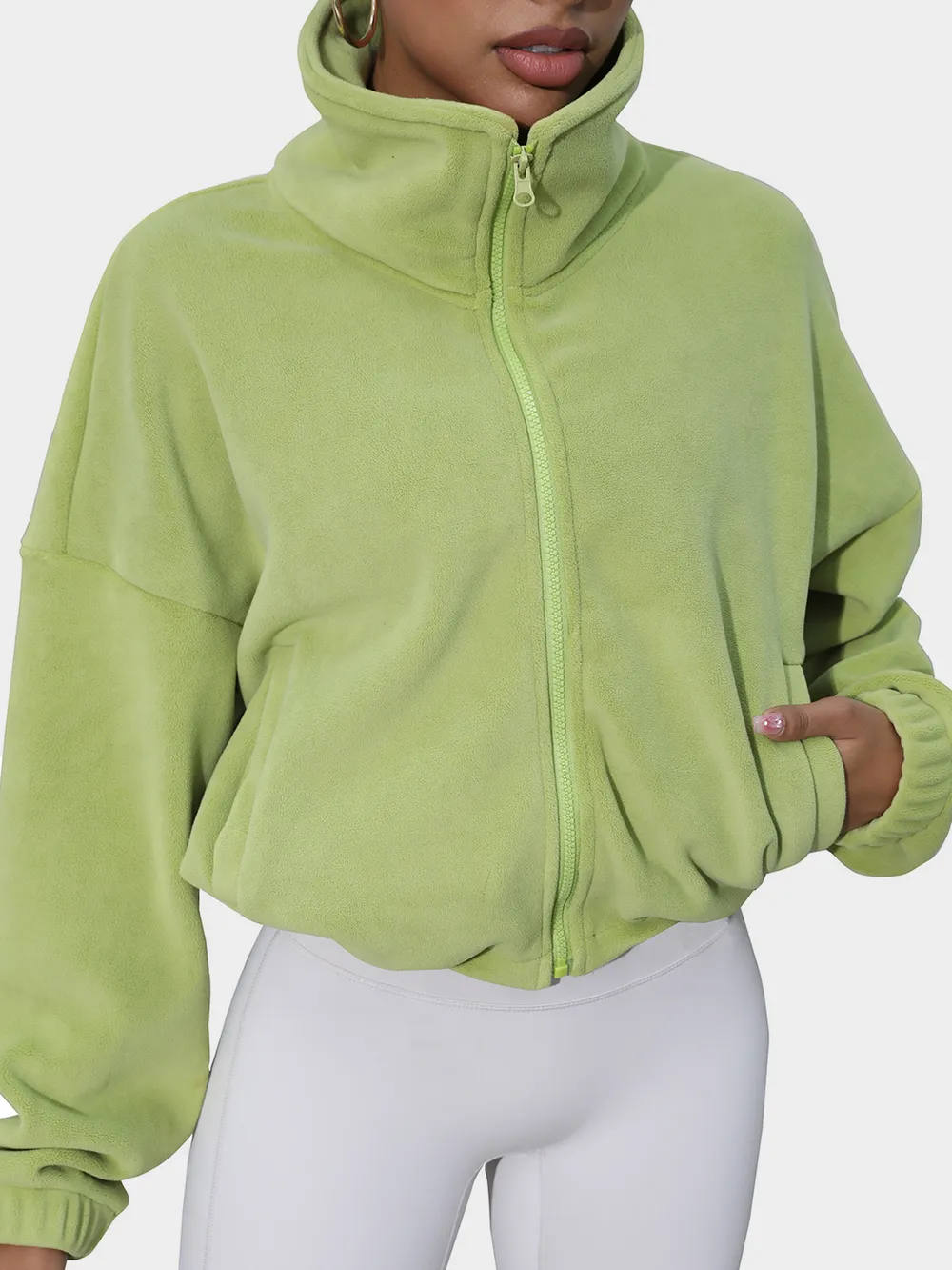 Drawstring Turtleneck Zip Up Long Sleeve Jacket, image 14