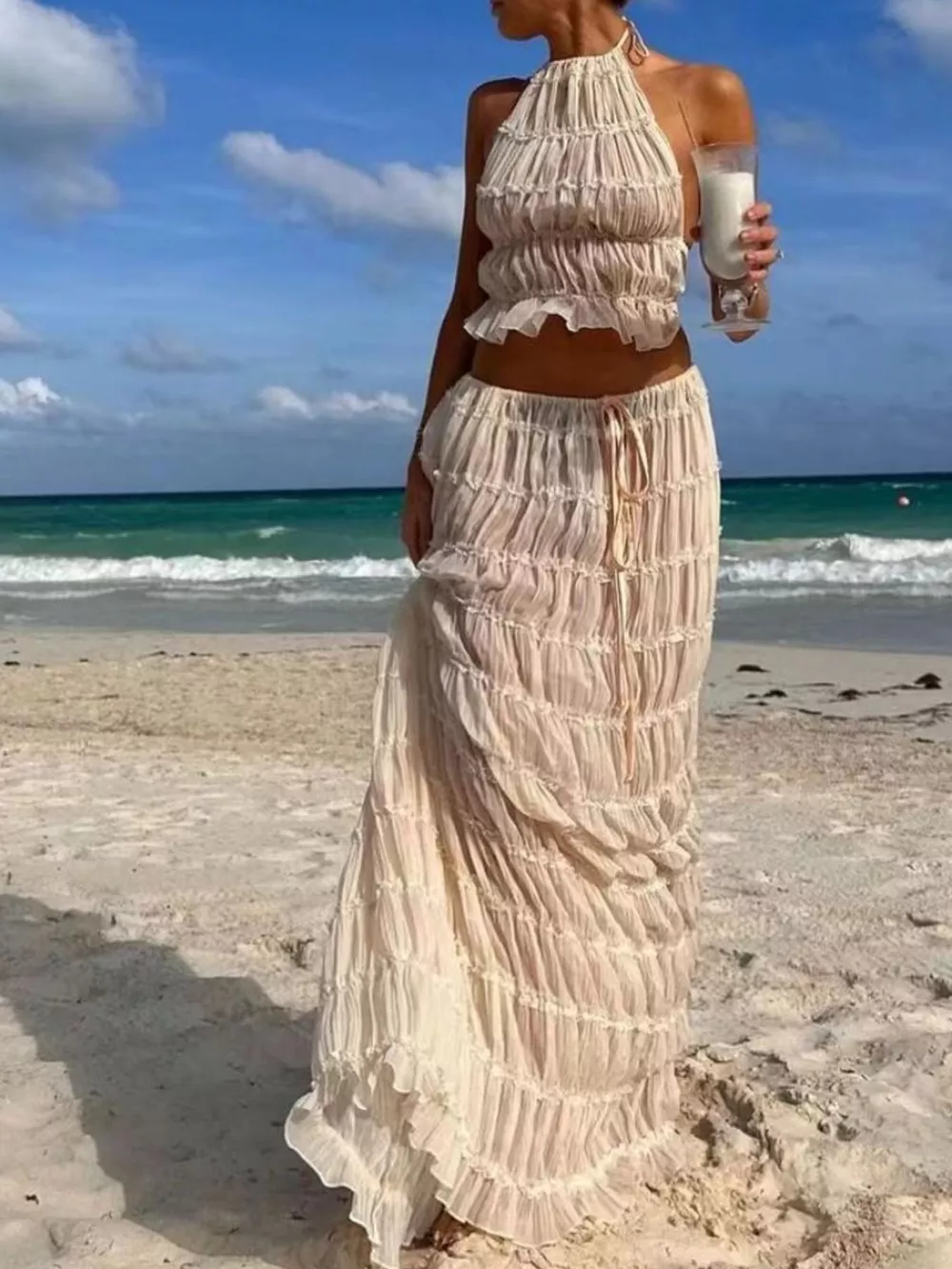 Boho Chic Ruffled Halter Crop Top and Maxi Skirt Set