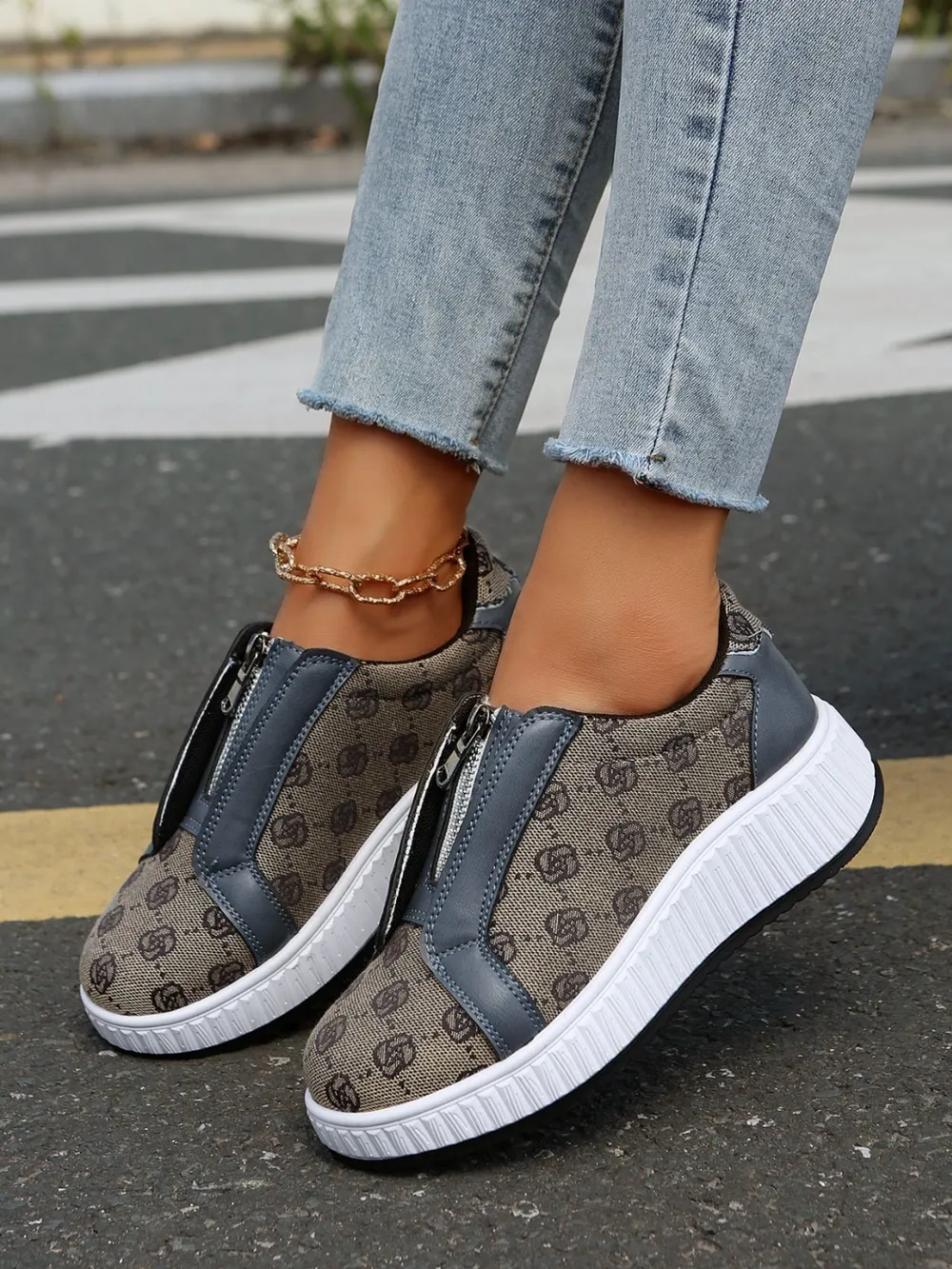 Floral Round Toe Sneakers with Zip, image 2