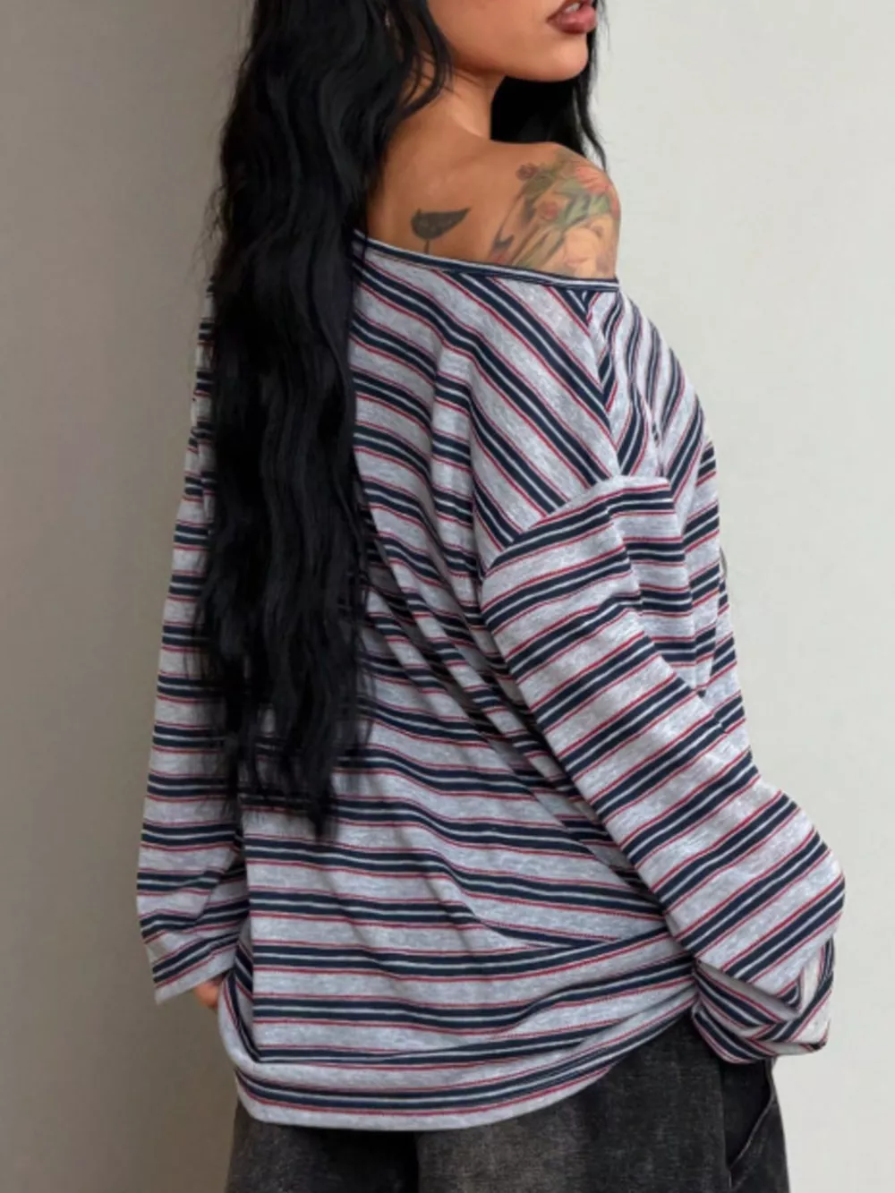 Off-Shoulder Striped Long Sleeve T-Shirt, image 3