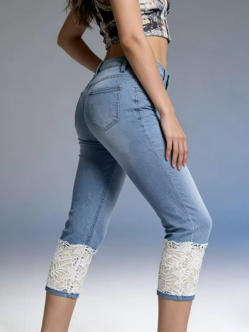 Full Size Lace Trimmed Capri Jeans Plus Size, image 9