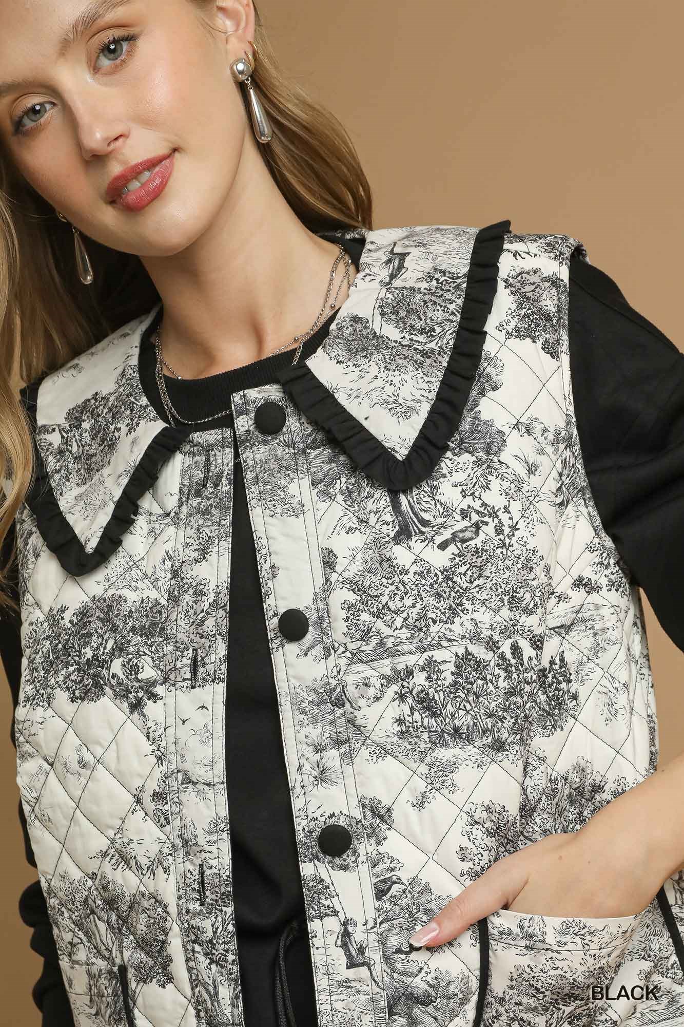 Toile Quilted Vest with Ruffle Collar, image 6