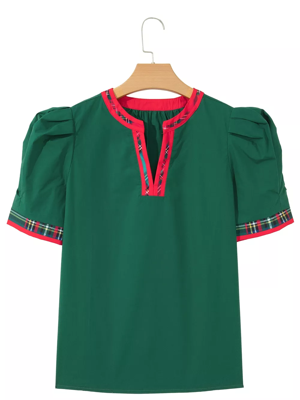 Plaid Trim V Neck Short Sleeve Shift Blouse, image 3