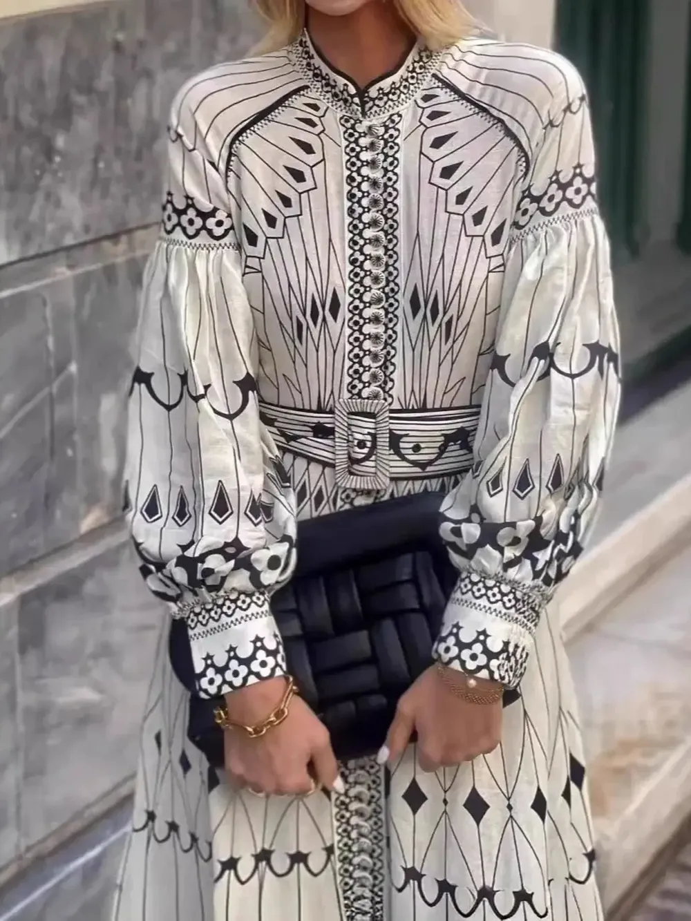 Printed Long Sleeve Shirt Dress with Belt, image 4
