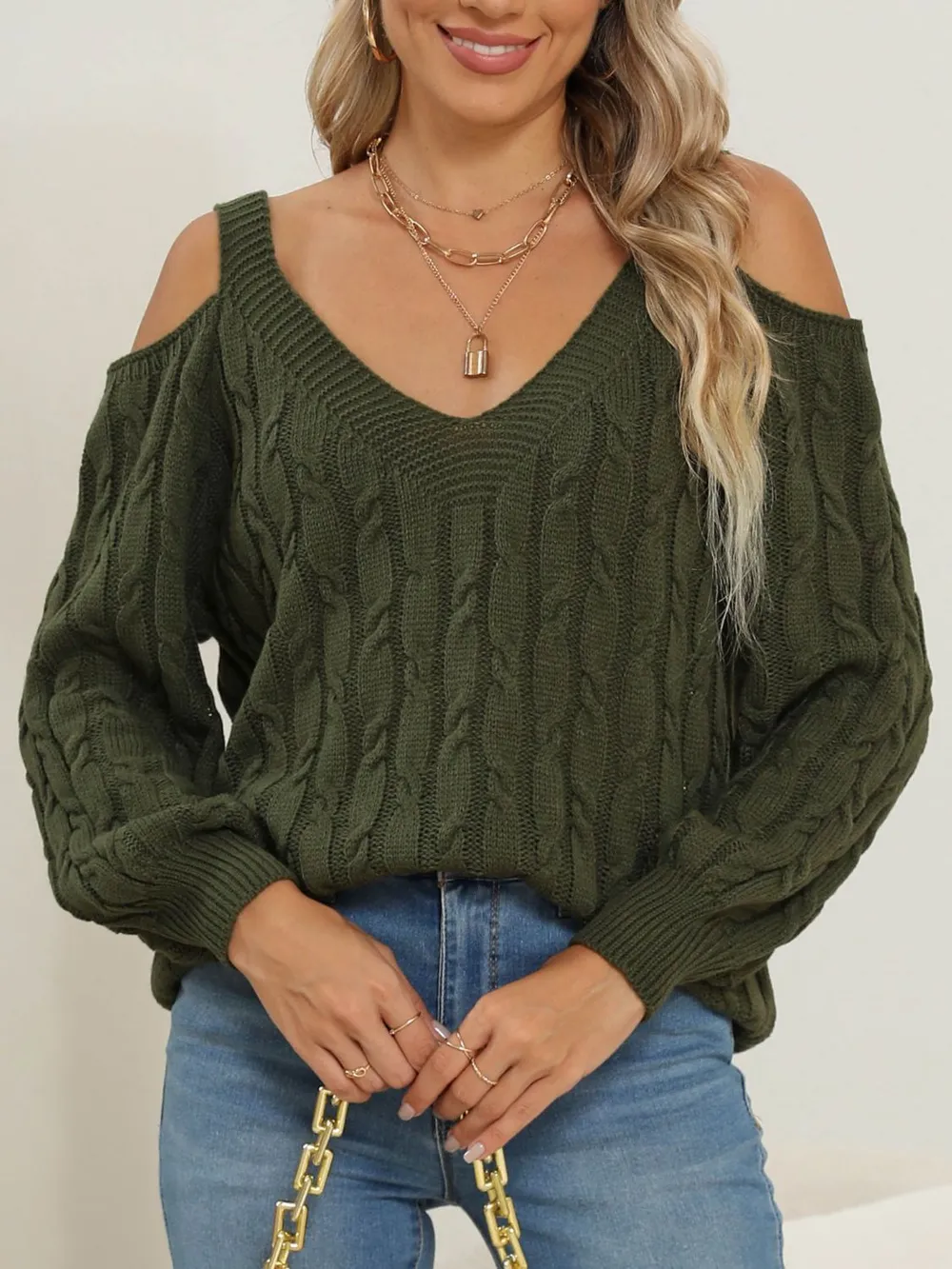 Cable-Knit V-Neck Long Sleeve Sweater, image 3