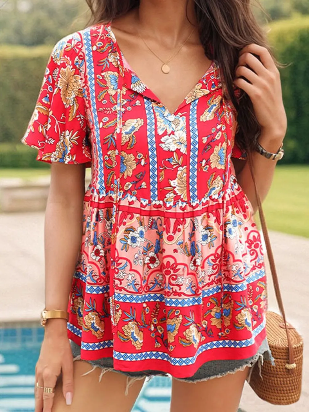 Floral Print Tie Neck Flutter Sleeve Blouse, image 11