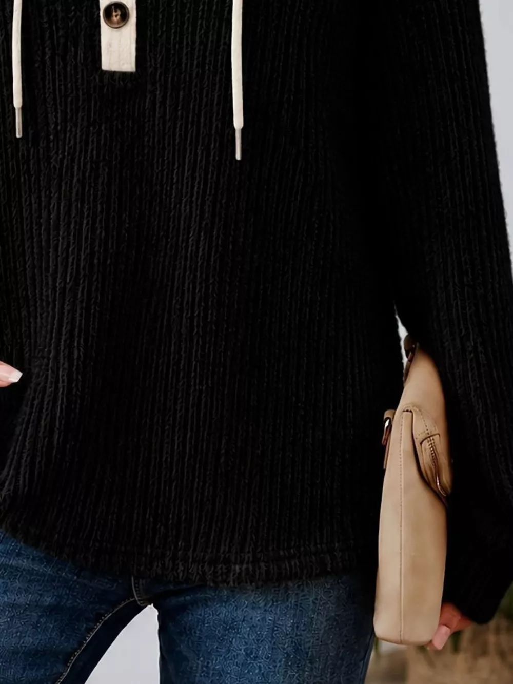 Full Size Drawstring Button Detail Hooded Sweater Plus Size, image 18