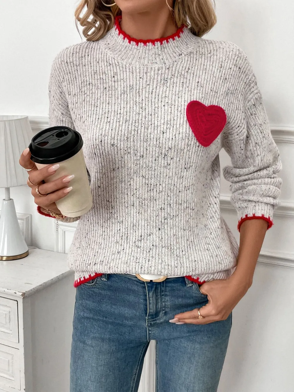 Contrast Heart Round Neck Long Sleeve Sweater, image 5