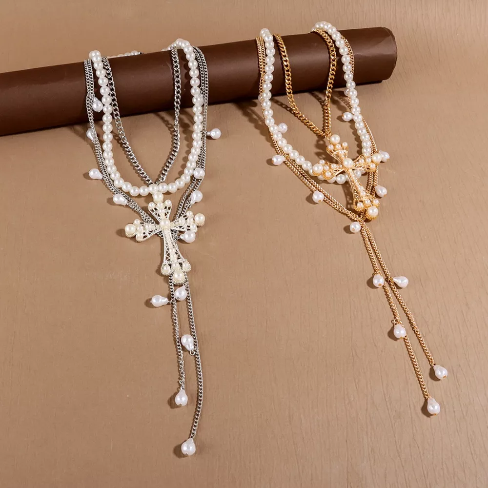 Pearl Cross Pendant Necklace 3 Piece Set, image 4