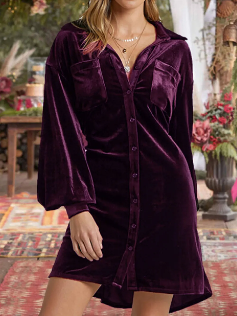 Collared Neck Button Down Long Sleeve Mini Dress, image 5