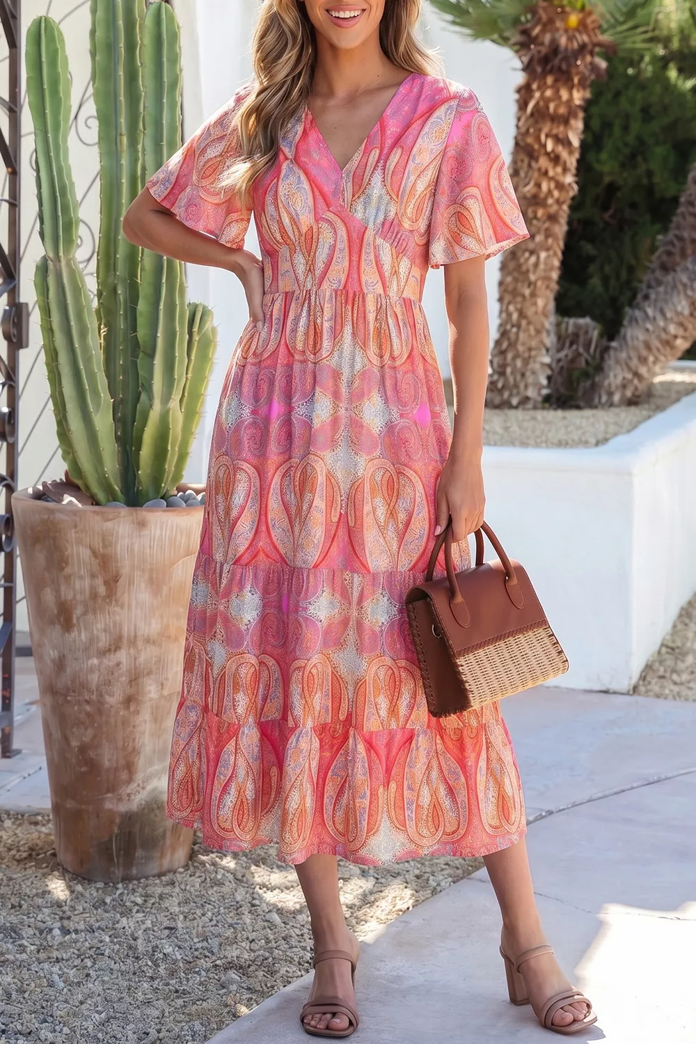 Paisley Print V-Neck Short Sleeve Boho Dress with Ruffle Details, image 3