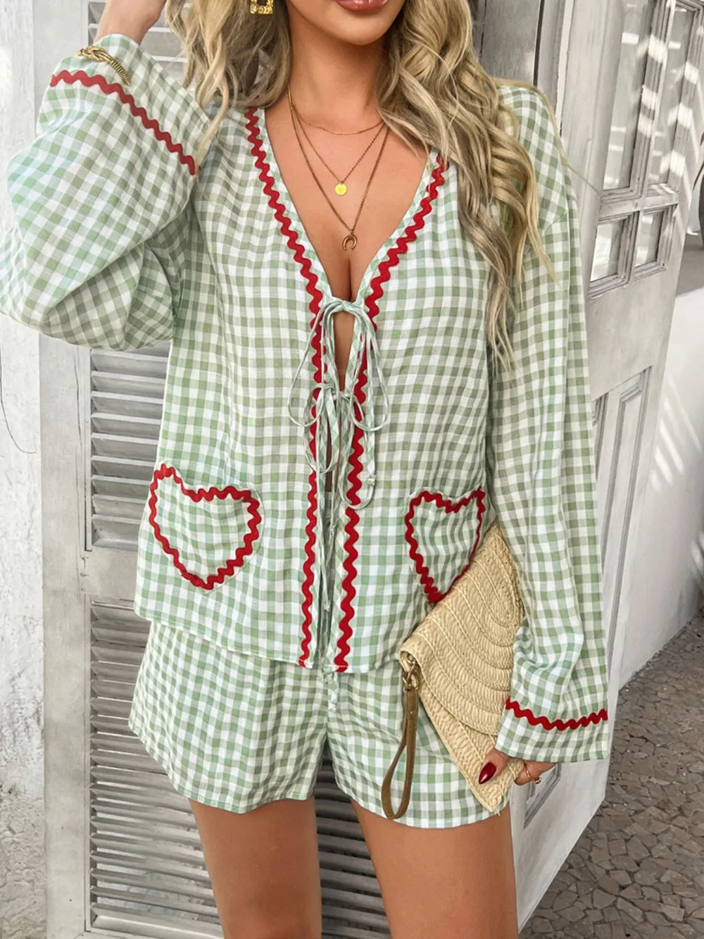 Tie Front Contrast Plaid Shirt and Shorts Set, image 10