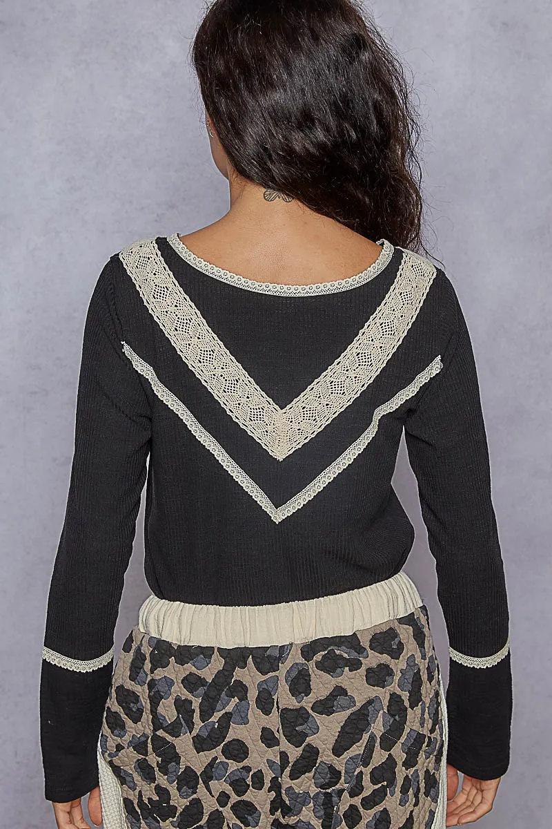 Ribbed Half Button Lace Detail Knit Top, image 6
