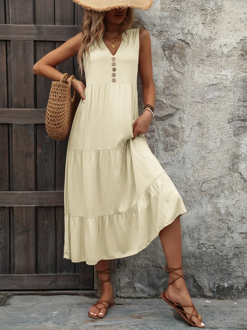 Decorative Button Notched Sleeveless Dress, image 25