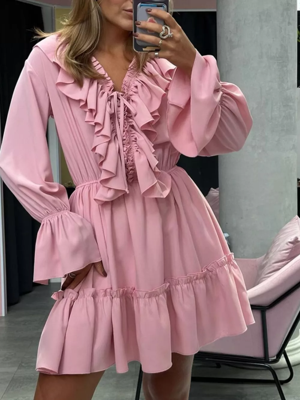 Ruffled V-Neck Long Sleeve Mini Dress, image 8