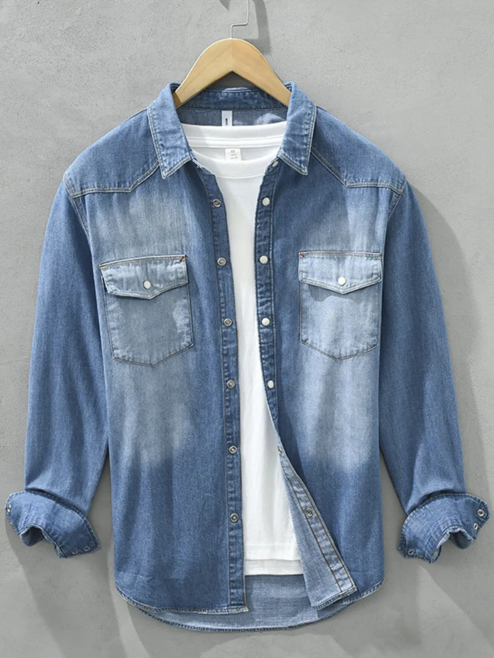 Men's Plus Size Button Up Long Sleeve Denim Shirt, image 5