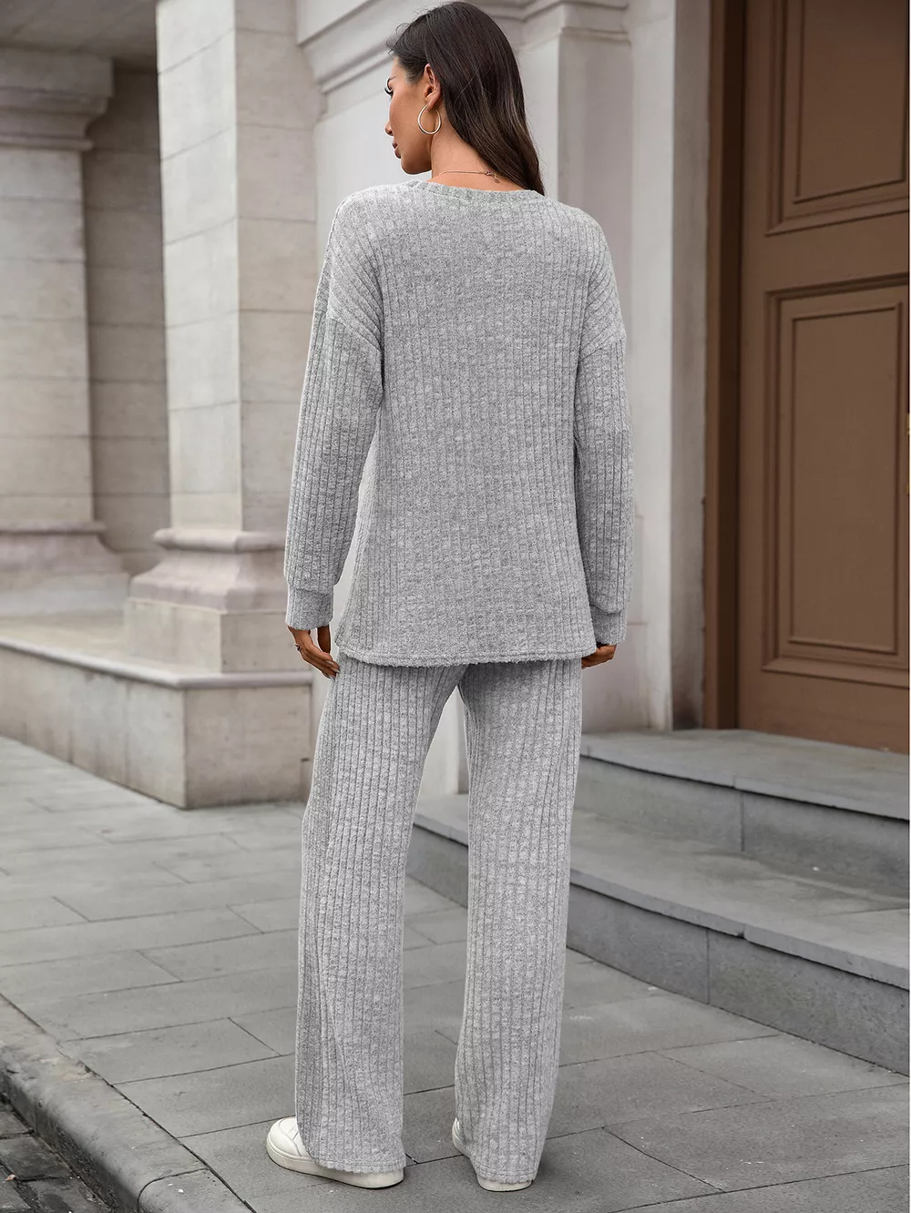 Ribbed Round Neck Top and Pants Set, image 27