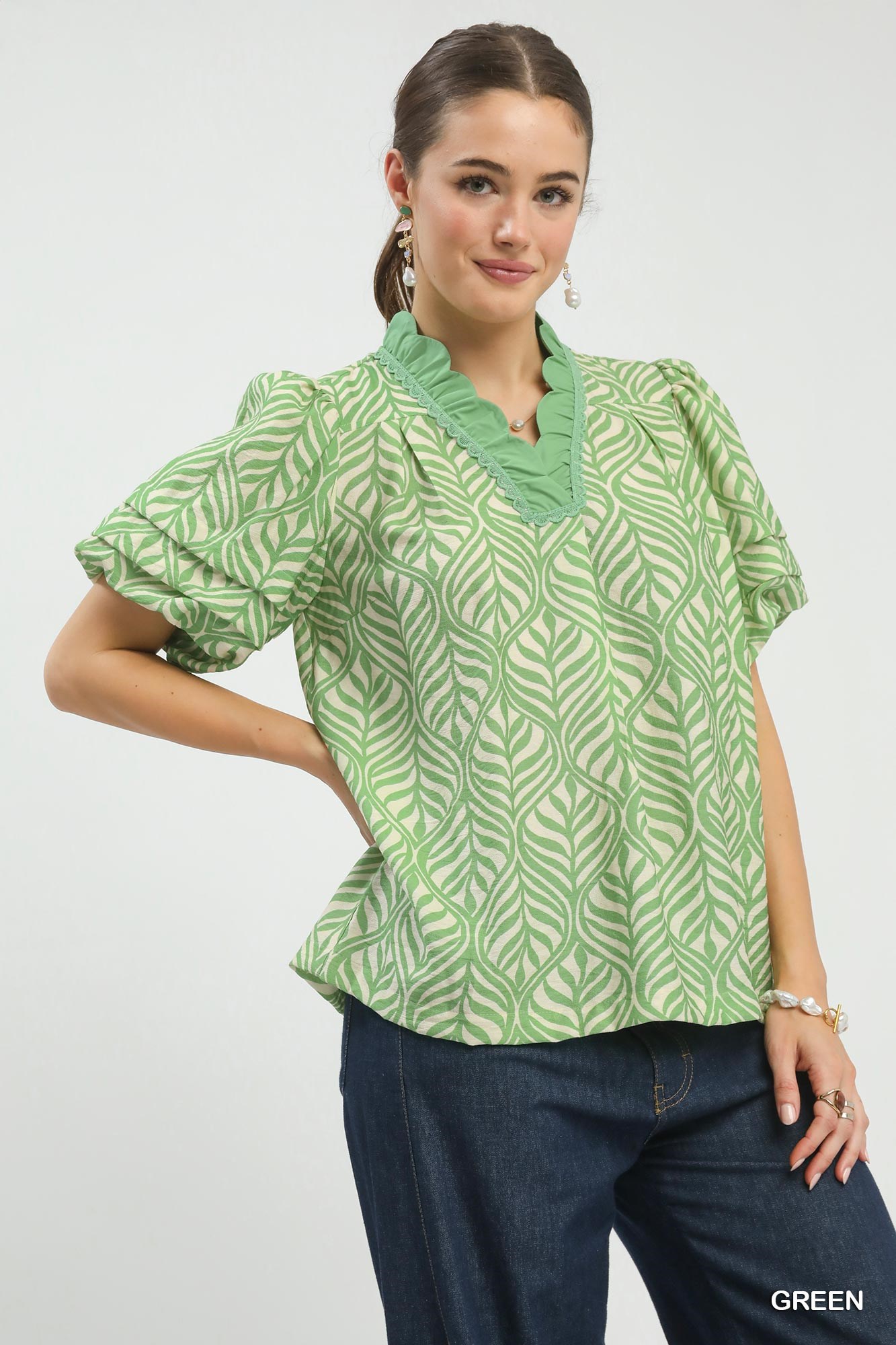 Printed Puff Sleeve Ruffle Neck Top, image 5