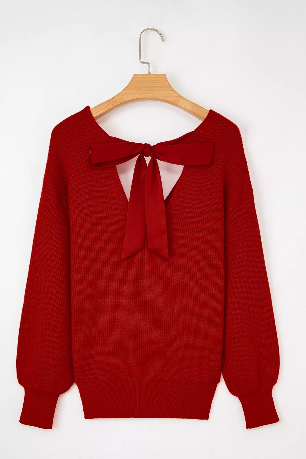 Lantern Sleeve V Neck Knot Back Sweater, image 10