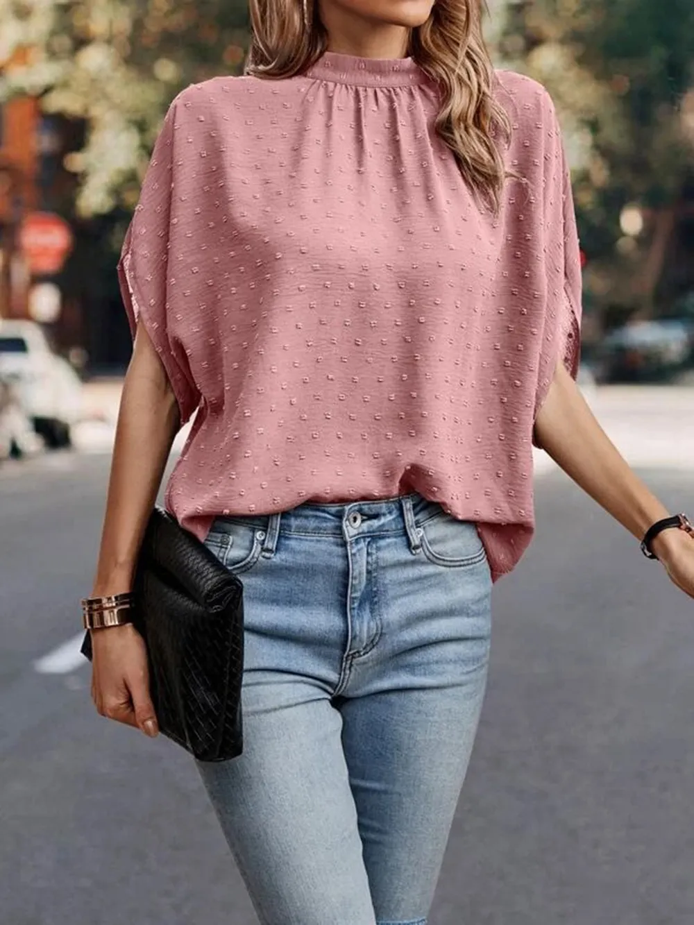 Swiss Dot Mock Neck Half Sleeve Blouse, image 24