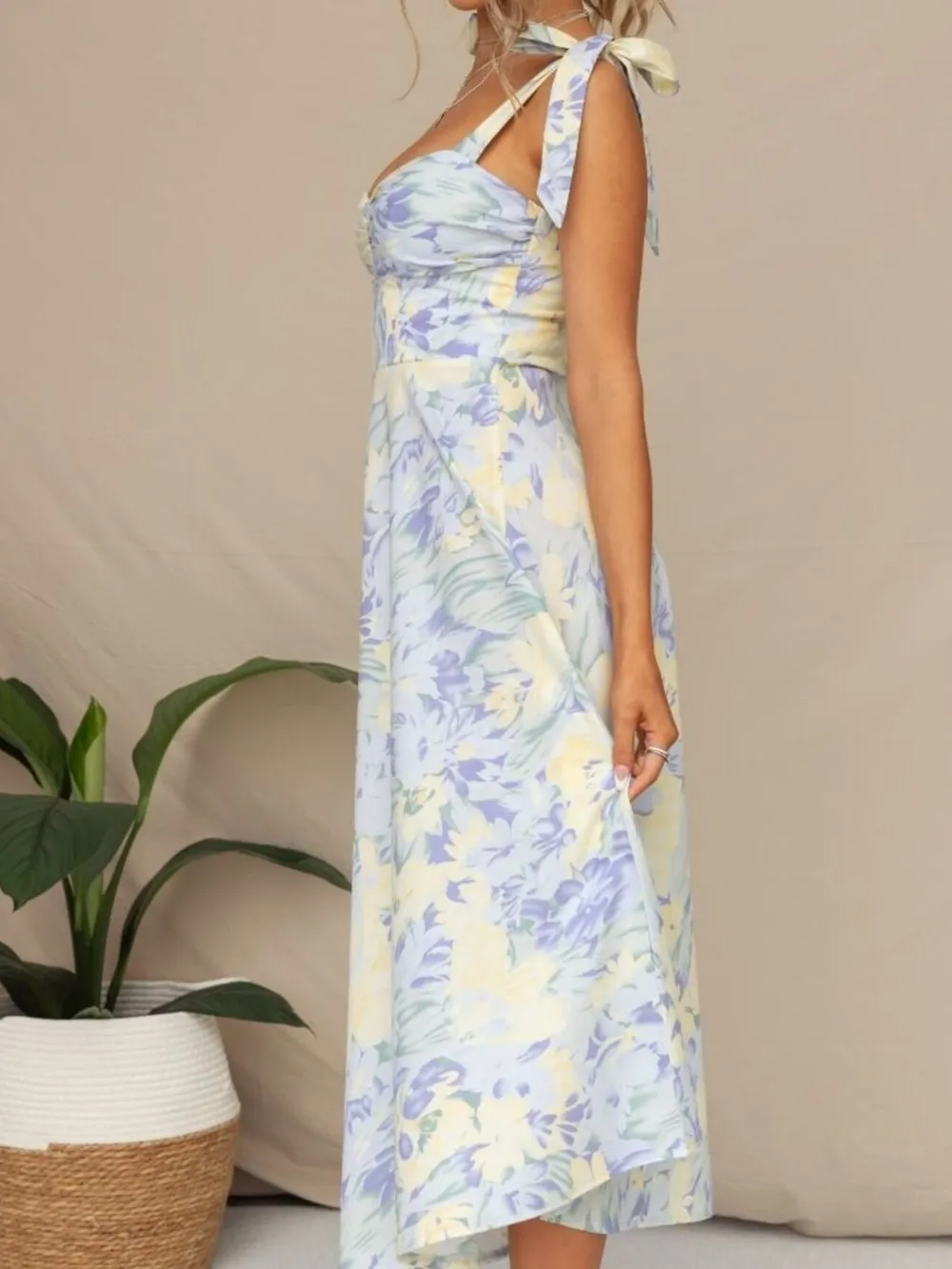 Floral Tie-Strap Sweetheart Neck Midi Dress, image 8