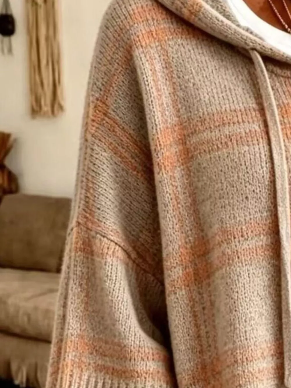 Full Size Drawstring Plaid Hooded Sweater Plus Size, image 14