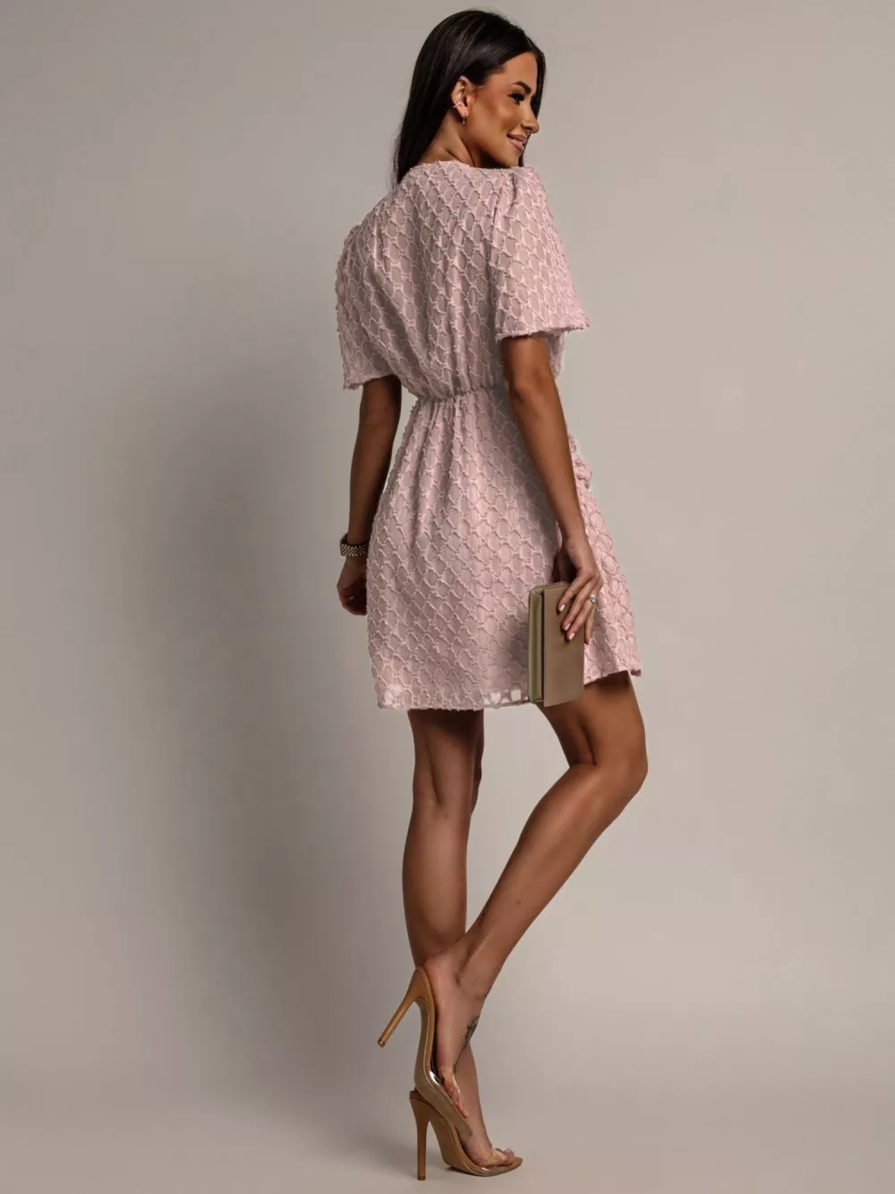 Textured Ruched Surplice Short Sleeve Dress, image 10