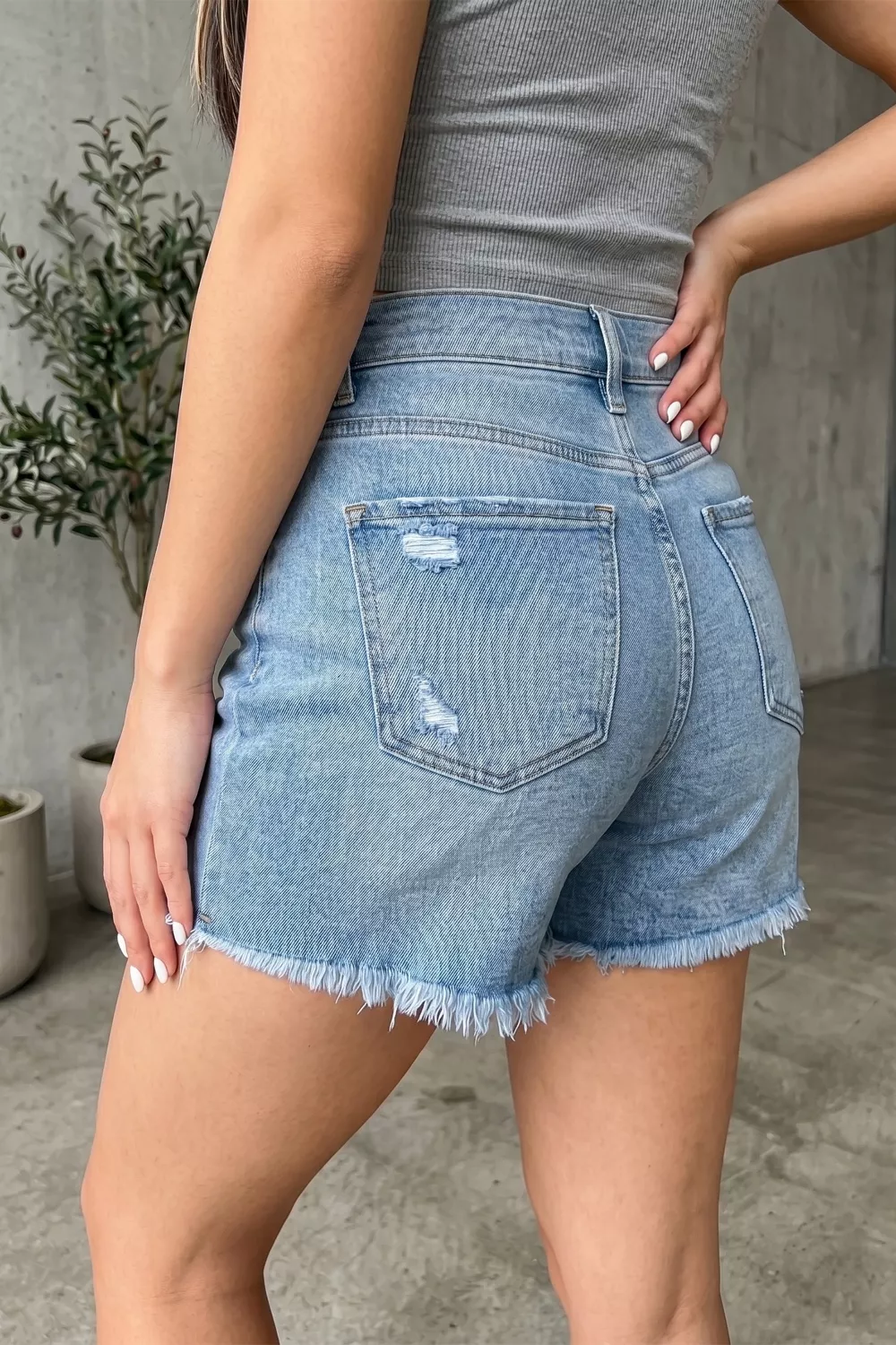 Asymmetric Raw Hem Distressed Whiskery Denim Shorts, image 3