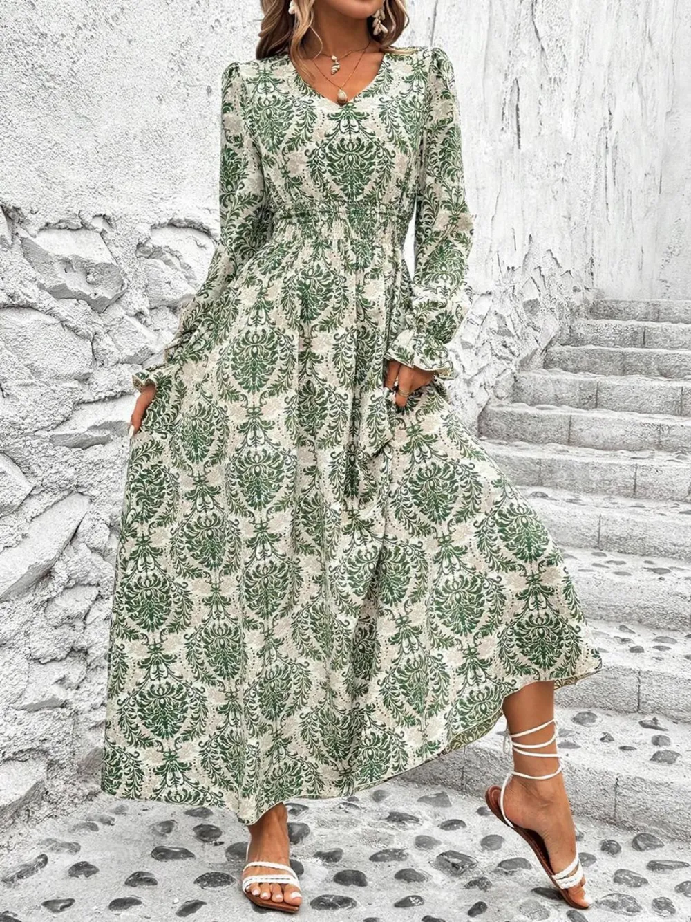 Smocked Printed V-Neck Flounce Sleeve Dress, image 7