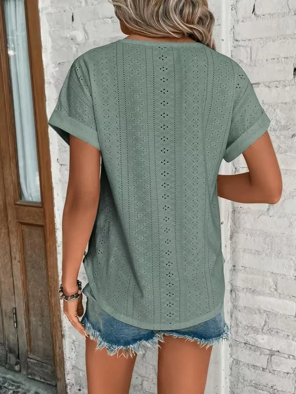 Eyelet Round Neck Short Sleeve T-Shirt, image 17